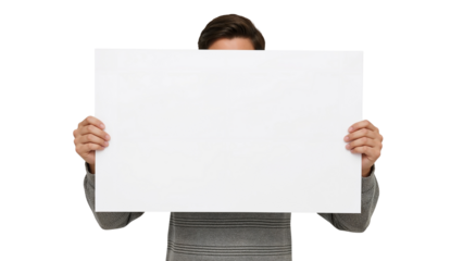 Person holding a blank white board, cropped at the eyes, Isolated on transparent background, png