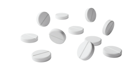 Pills: Round white medicine tablets with score line on a plain black surface. Isolated on transparent background, png