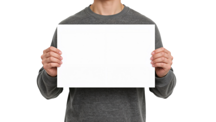 Person holding a blank white sign in front of their torso to advertise a personal message. Isolated on transparent background, png