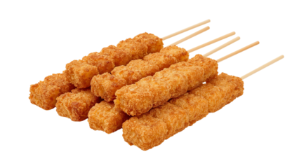 Skewered and fried vegetable chunks, crispy batter outside and the skewer makes them easy to eat. Isolated on transparent background, png