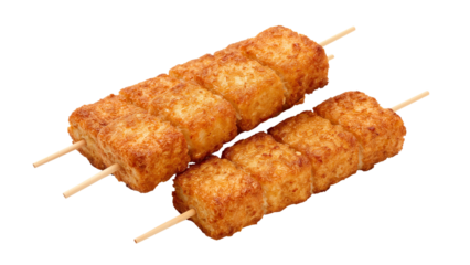 Two skewers of golden fried tofu cubes arranged neatly for a clean presentation. Isolated on transparent background, png