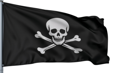 A black flag with a white skull and crossbones flying in the wind on a silver flagpole. Isolated on transparent background, png