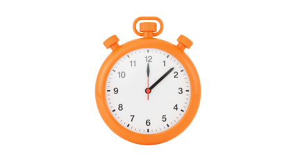 Orange timer with a white clock face marking two minutes past twelve, Isolated on transparent background, png