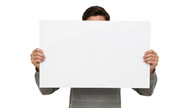 Person holding a blank white board, cropped at the eyes,  Isolated on transparent background, png