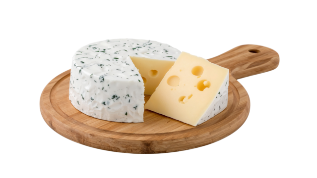 Assortment of cheese, creamy herb, Swiss-style, on a round wood board, Isolated on transparent background, png
