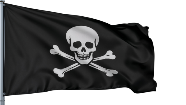 A black flag with a white skull and crossbones flying in the wind on a silver flagpole. Isolated on transparent background, png