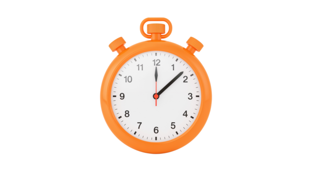 Orange timer with a white clock face marking two minutes past twelve, Isolated on transparent background, png