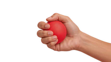 Hand squeezing red ball for stress relief and relaxation. A perfect tool for mental well-being. Isolated on transparent background, png