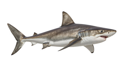 Fototapeta premium A shark with visible teeth swims gracefully. The animal has light and dark grey skin tones. Isolated on transparent background, png