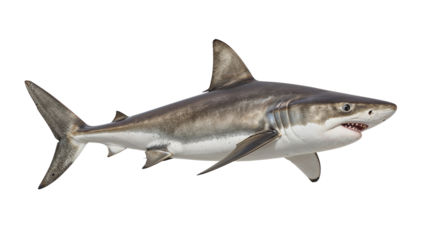 A shark with visible teeth swims gracefully. The animal has light and dark grey skin tones. Isolated on transparent background, png