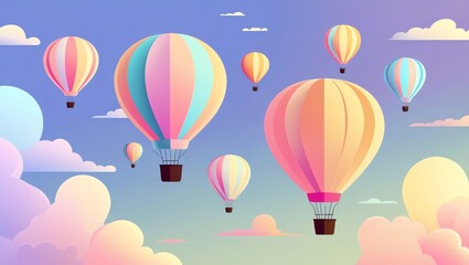 Pastel hot air balloons float in a gradient sky with fluffy clouds