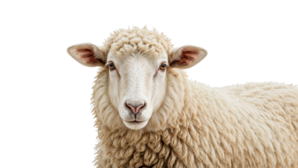A close-up portrait of a sheep with soft, curly white fleece and a pink nose. Isolated on transparent background, png