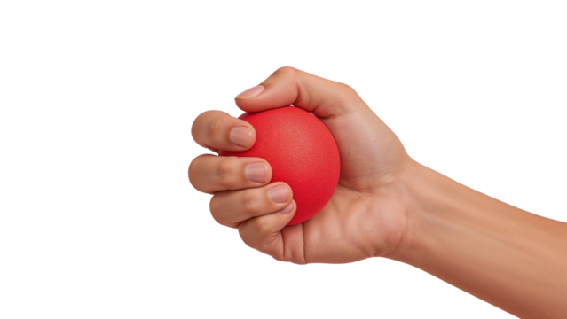 Hand squeezing red ball for stress relief and relaxation. A perfect tool for mental well-being. Isolated on transparent background, png
