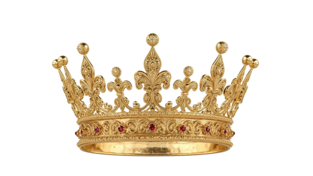 A shiny gold crown decorated with filigree details and ruby gemstones, fit for royalty. Isolated on transparent background, png