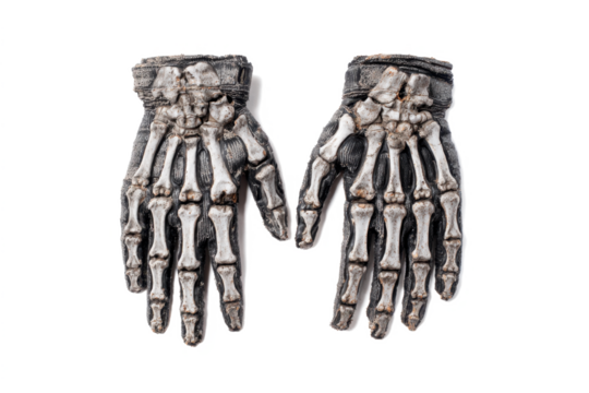 Pair of skeleton hand gloves on white background.