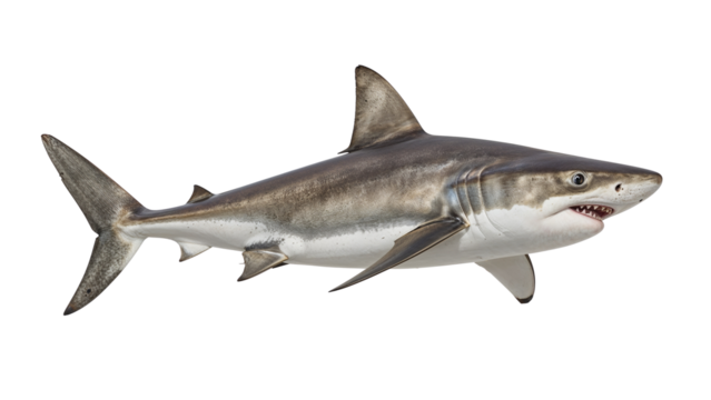 A shark with visible teeth swims gracefully. The animal has light and dark grey skin tones. Isolated on transparent background, png