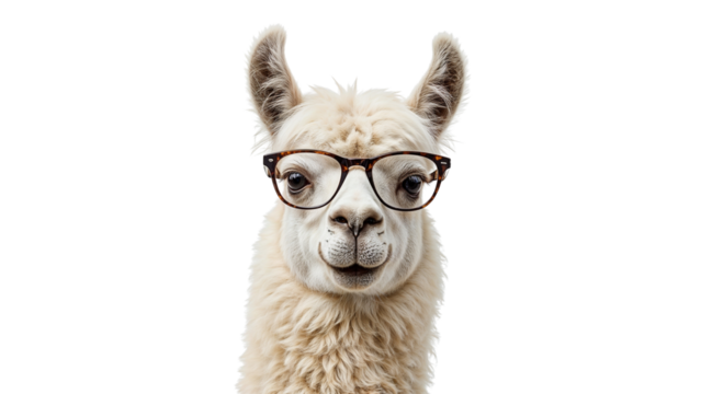 Whimsical portrait of a fluffy, white llama with a playful smile, stylishly adorned with eyewear. Isolated on transparent background, png