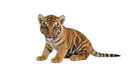 Obraz premium Adorable tiger cub sits, gazing with bright eyes, striped fur, and playful curiosity shining. Isolated on transparent background, png