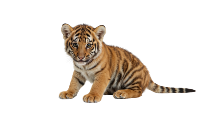 Adorable tiger cub sits, gazing with bright eyes, striped fur, and playful curiosity shining. Isolated on transparent background, png
