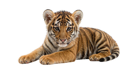 Fototapeta premium Adorable tiger cub with bright eyes and orange stripes lying down and looking at the camera. Isolated on transparent background, png