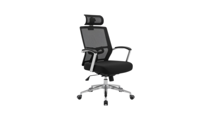 Ergonomic office chair with mesh back, cushioned seat, headrest, and adjustable chrome base. Isolated on transparent background, png