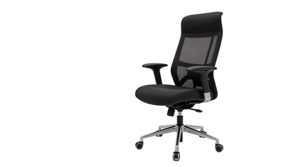 Ergonomic black mesh office chair featuring adjustable armrests and chrome base Isolated on transparent background, png