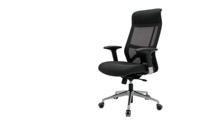 Ergonomic black mesh office chair featuring adjustable armrests and chrome base Isolated on transparent background, png