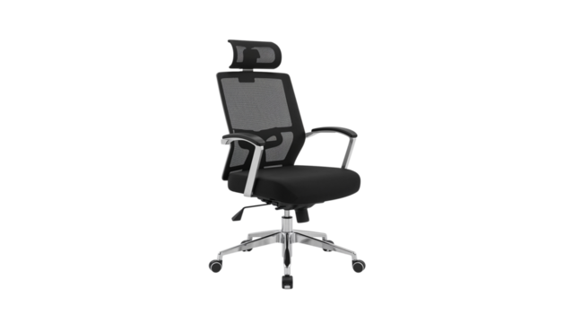 Ergonomic office chair with mesh back, cushioned seat, headrest, and adjustable chrome base. Isolated on transparent background, png