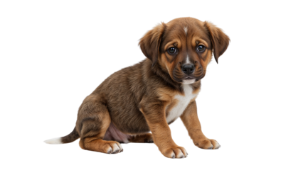 Adorable brown puppy with white markings, captivating with its innocent gaze and endearing posture. Isolated on transparent background, png