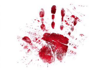A vivid red handprint with splatters and smudges, resembling blood, starkly contrasts against a clean white background, suggesting a scene of crime or horror.