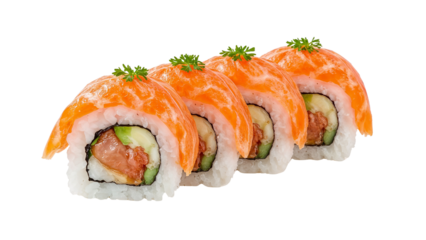 A vibrant row of salmon sushi rolls, topped with herbs, showcasing culinary art Isolated on transparent background, png