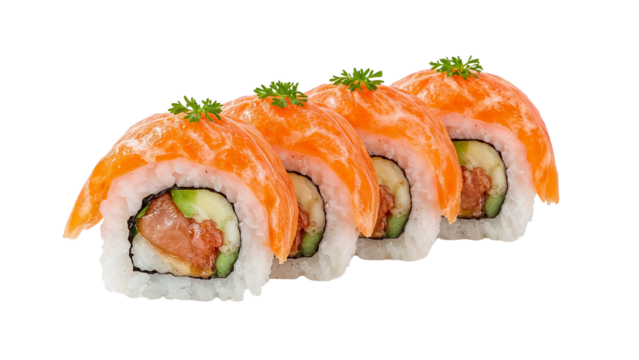 A vibrant row of salmon sushi rolls, topped with herbs, showcasing culinary art Isolated on transparent background, png