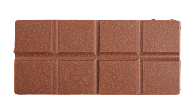 Rectangular block of milk chocolate featuring a pattern of segmented squares for easy breaking. Isolated on transparent background, png