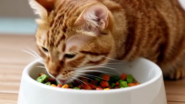 Orange cat eating from a white bowl of food
