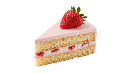 Strawberry Delight: A slice of sponge cake with creamy strawberry filling and fresh fruit topping. Isolated on transparent background, png