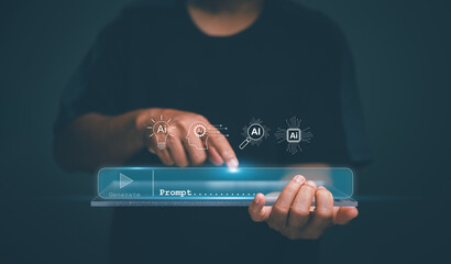 Artificial intelligence prompt concept. Human's hands interacting with virtual interface labeled Prompt and AI icons. Symbolizing generative AI, creativity, automation and digital innovation.