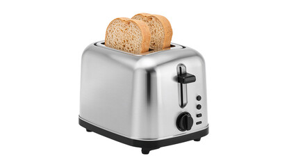 Toaster with two slices of bread inside, ready to be toasted in a shiny stainless steel appliance. Isolated on transparent background, png