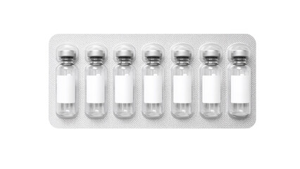 A blister pack of clear glass vials sealed with metal caps and labels Isolated on transparent background, png