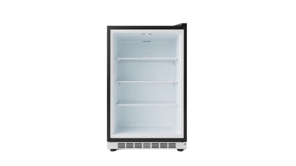 Modern refrigerator interior showcasing clean, white shelves within a sleek, black-framed appliance. Isolated on transparent background, png