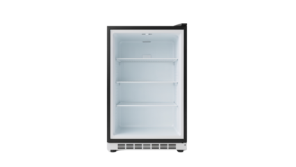 Modern refrigerator interior showcasing clean, white shelves within a sleek, black-framed appliance. Isolated on transparent background, png