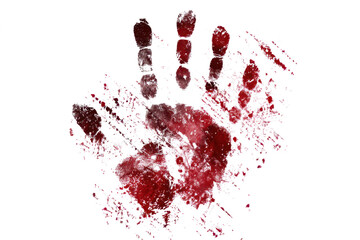 A realistic and graphic bloody handprint with splatters and smears isolated on a white background.