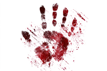 A realistic and graphic bloody handprint with splatters and smears isolated on a white background.