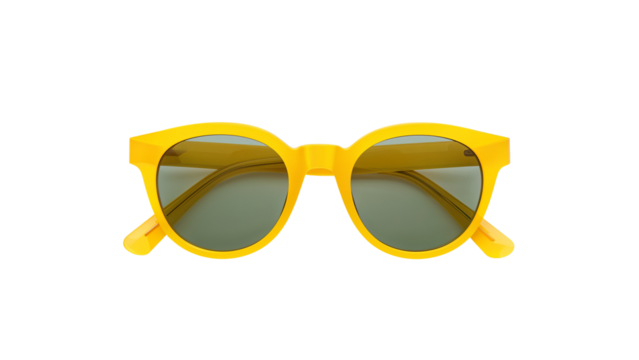 Eye protection with yellow frames and grey lenses offering sun glare protection. Isolated on transparent background, png