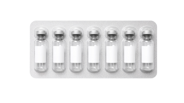 A blister pack of clear glass vials sealed with metal caps and labels Isolated on transparent background, png