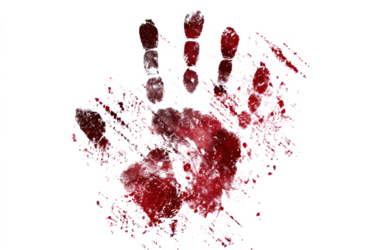 A realistic and graphic bloody handprint with splatters and smears isolated on a white background.
