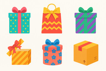 Festive packaging and gift box icons in colorful flat vector style