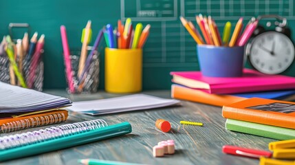 Naklejka premium Colorful School Supplies on a Desk with Clock and Background