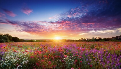 Naklejka premium Vibrant Wildflower Meadow At Sunset With A Glowing Sun Near The Horizon And Colorful Sky With Soft Clouds