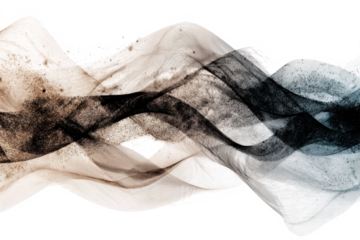 Abstract wavy brushstrokes in sepia and blue tones flowing horizontally on a white background, creating a dynamic and ethereal visual.