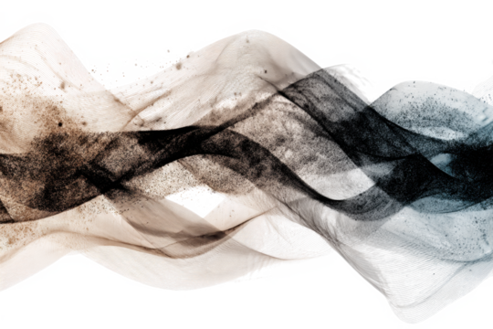 Abstract wavy brushstrokes in sepia and blue tones flowing horizontally on a white background, creating a dynamic and ethereal visual.